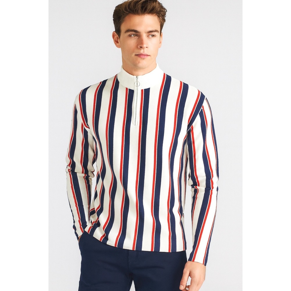 TOPMAN Striped Quarter‎ Zip Long Sleeve Sweater Knit L Nautical Preppy 77-44